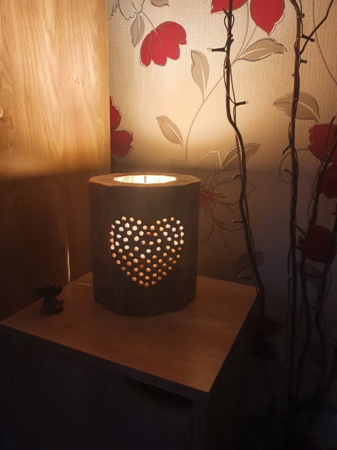 Hand Made Burnt Wood Effect Lamp With Heart Design