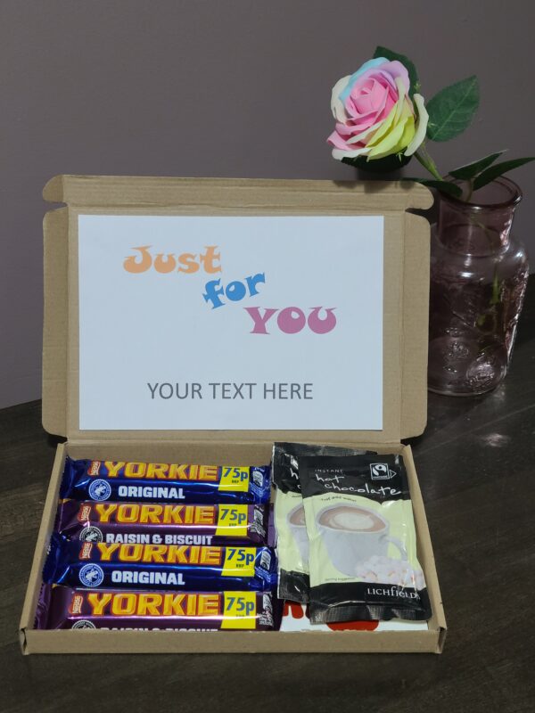 Yorkie Chocolate, Hot Cocolate & Coaster Gift Set, Christmas Gifts, Personalised Letterbox Selection Box | Treat Box, Birthday Present, Hug in a box