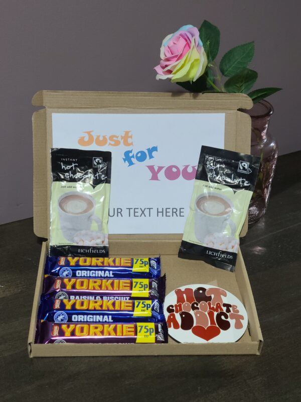 Yorkie Chocolate, Hot Cocolate & Coaster Gift Set, Christmas Gifts, Personalised Letterbox Selection Box | Treat Box, Birthday Present, Hug in a box - Image 2