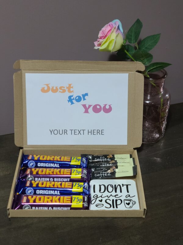 Yorkie Chocolate, Coffee & Coaster Gift Set, Christmas Gifts, Personalised Letterbox Selection Box | Treat Box, Birthday Present, Hug in a box